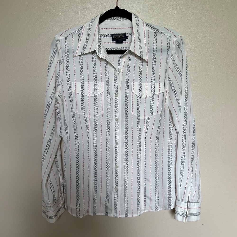 Pendleton blouse white black pink stripe
